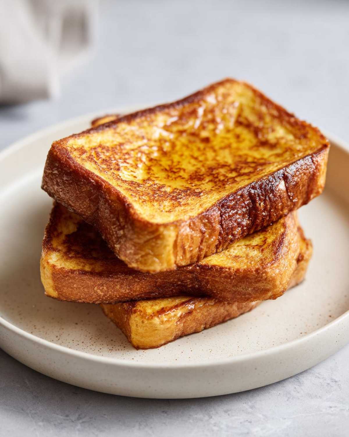 A stack of three golden brown slices of easy french toast drizzled with syrup on a light speckled plate.