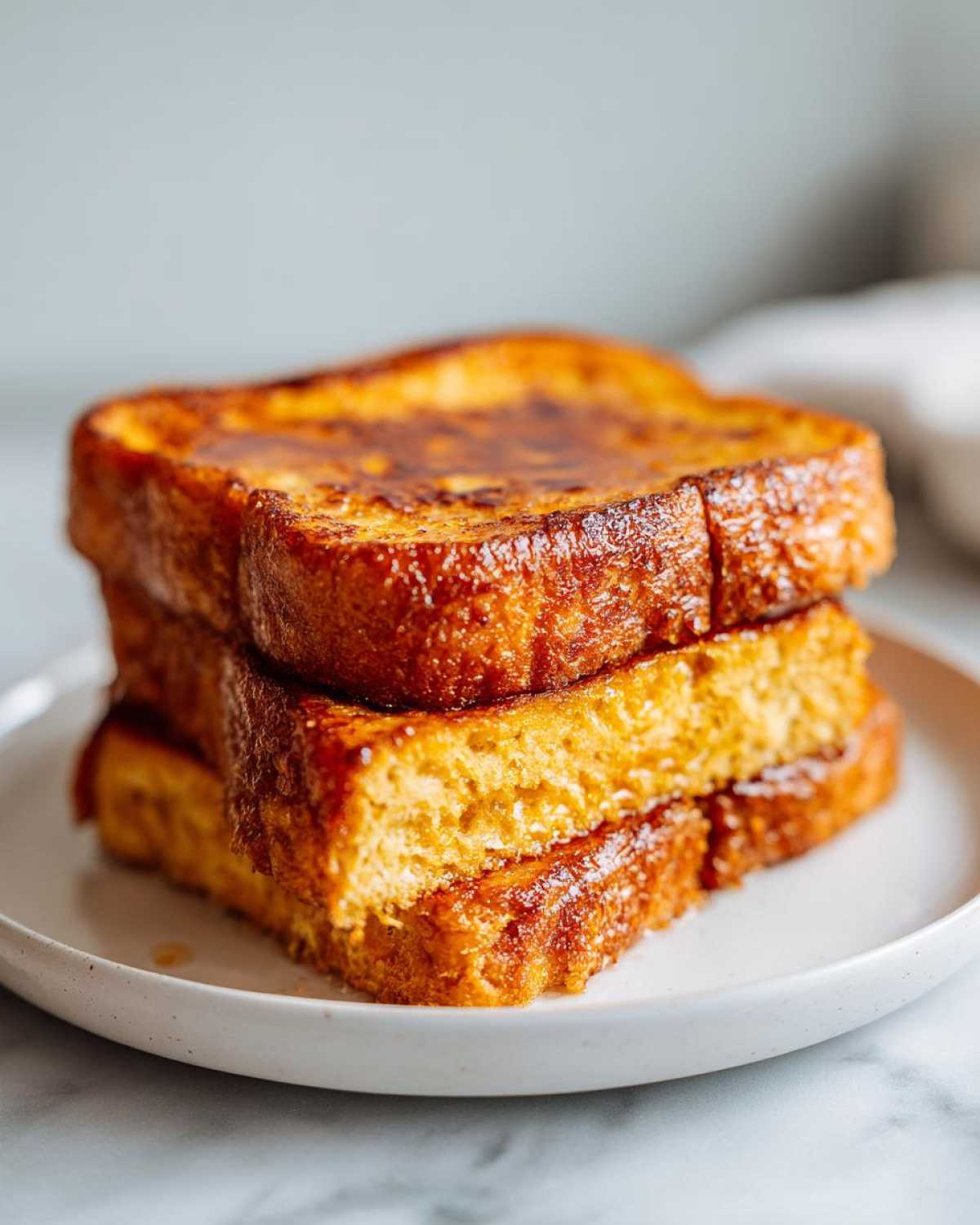 A close-up of three thick slices of golden brown easy french toast stacked on a white plate.