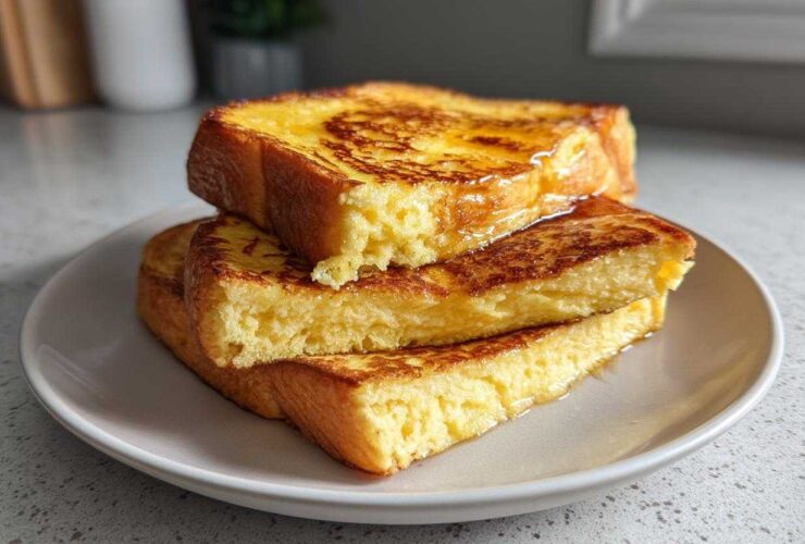 Three thick slices of golden brown easy french toast stacked on a plate, drizzled with syrup.