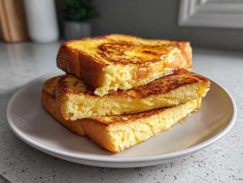Three thick slices of golden brown easy french toast stacked on a plate, drizzled with syrup.