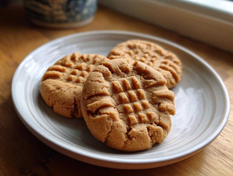 Three classic Easy Peanut Butter Cookies with criss-cross fork marks served on a light ceramic plate.