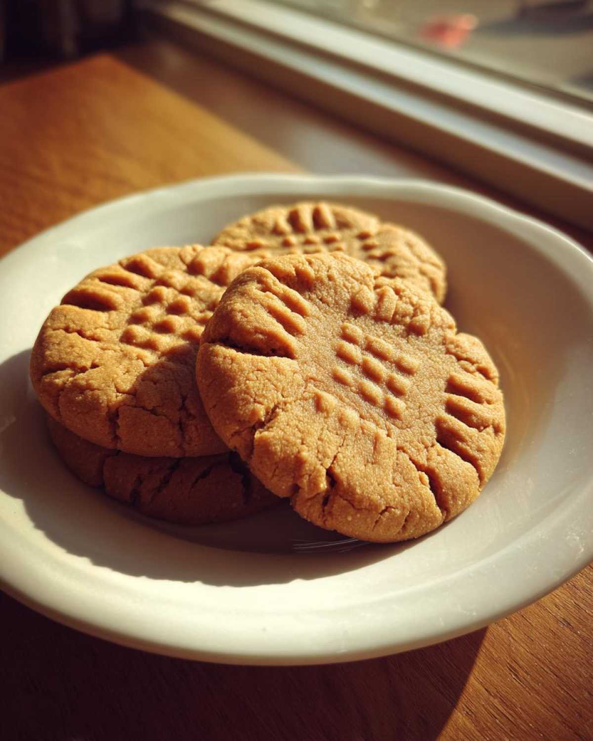 A stack of golden brown Easy Peanut Butter Cookies with classic cross-hatch fork marks on a white plate.
