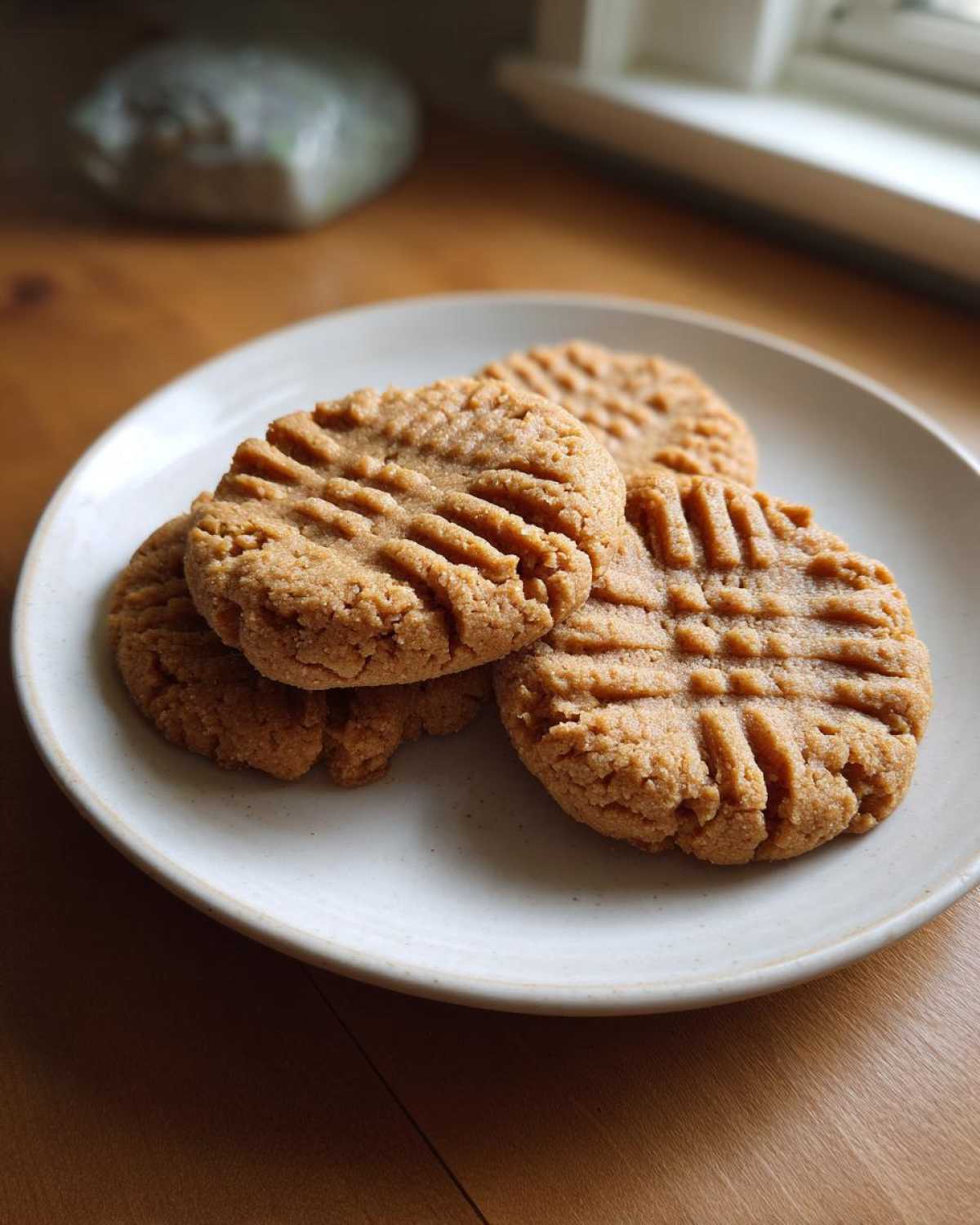 Four classic Easy Peanut Butter Cookies with traditional criss-cross fork marks stacked on a white plate.