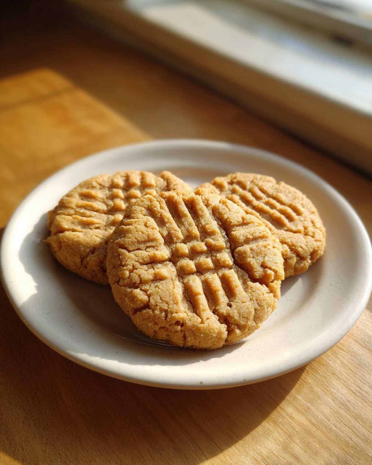 Three classic Easy Peanut Butter Cookies with fork marks displayed on a light plate near a window.