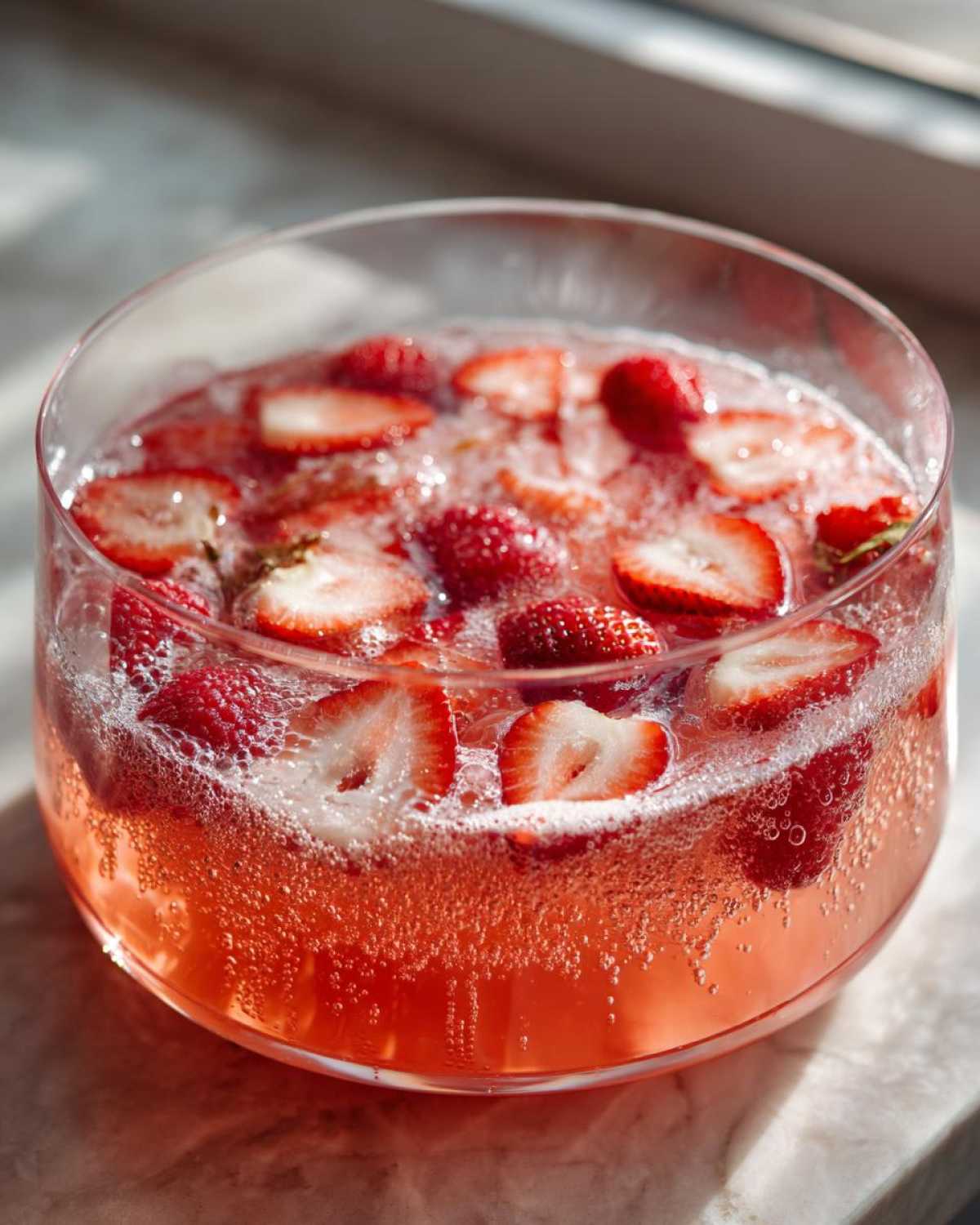Close-up of a glass bowl filled with bubbly, pink champagne punch garnished with fresh sliced strawberries.