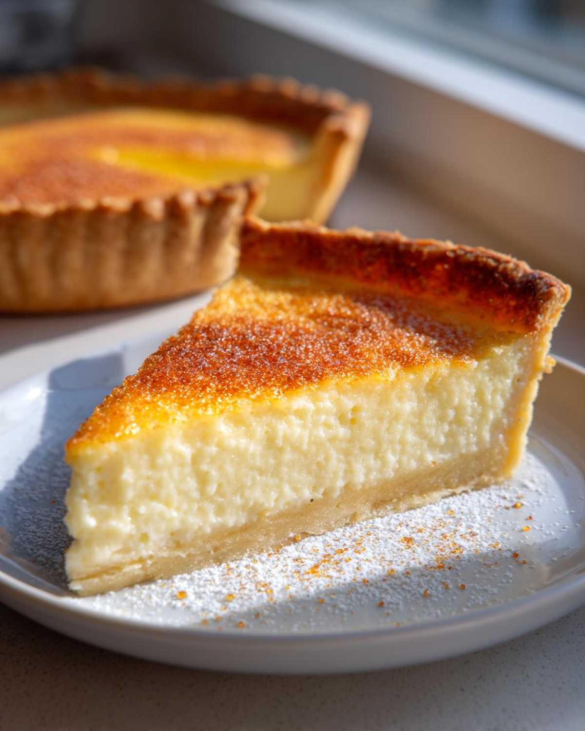 A thick slice of creamy egg custard tart with a golden-brown top, served on a plate dusted with powdered sugar.