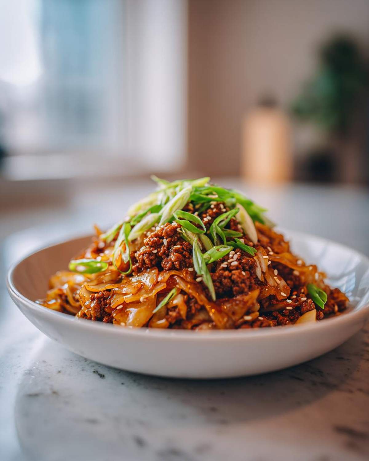 Close-up of a white bowl filled with savory egg roll in a bowl, topped with fresh green onions and sesame seeds.