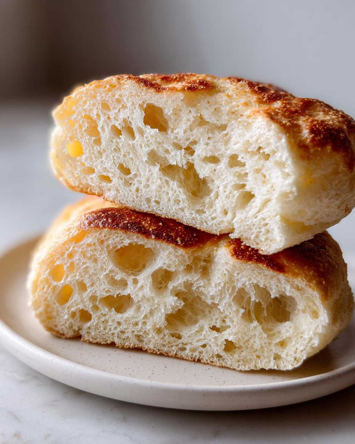 Close-up of an english muffin cut in half, showing the airy, holey interior crumb structure.