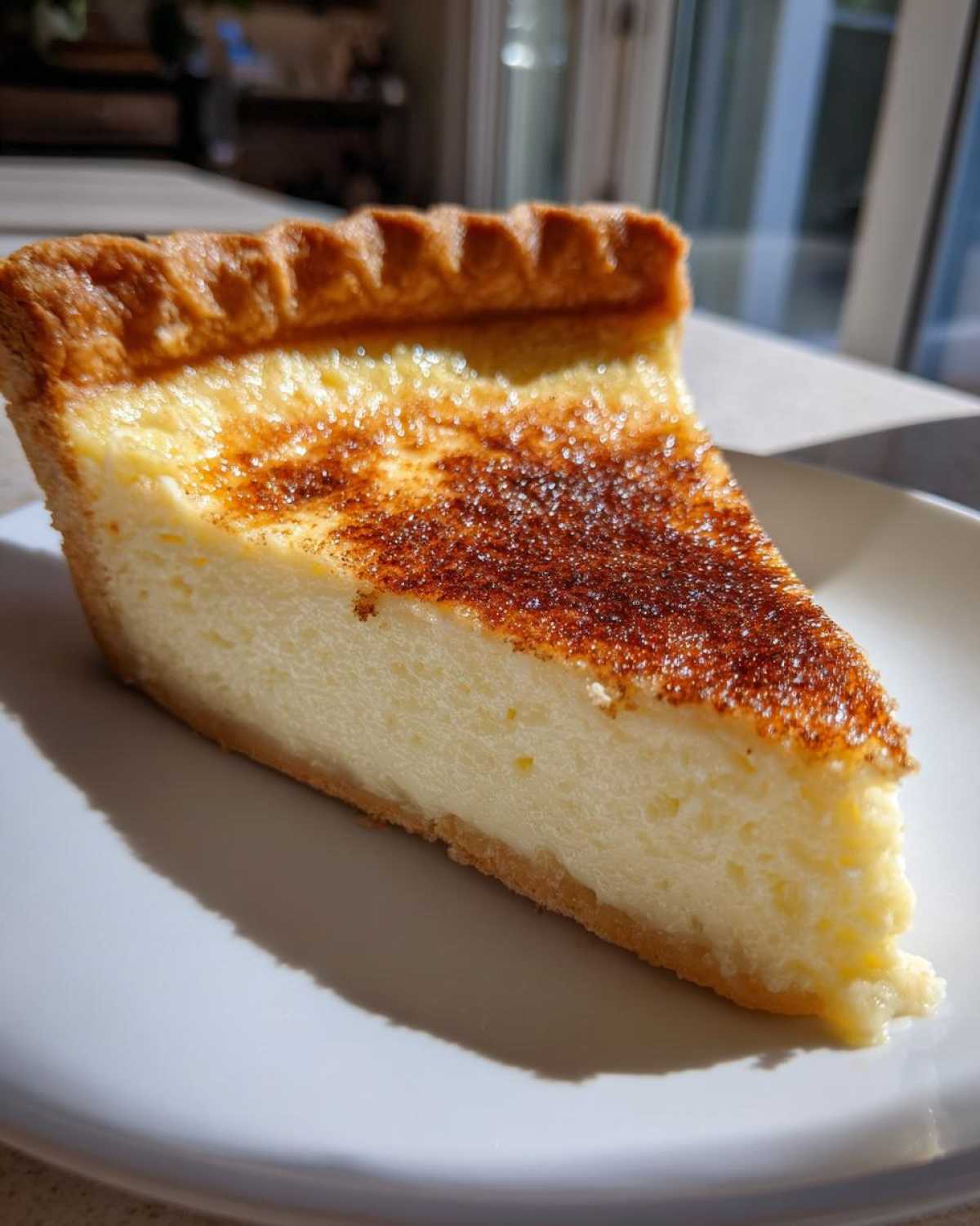 A perfect slice of creamy, baked egg custard pie with a browned, spiced top.