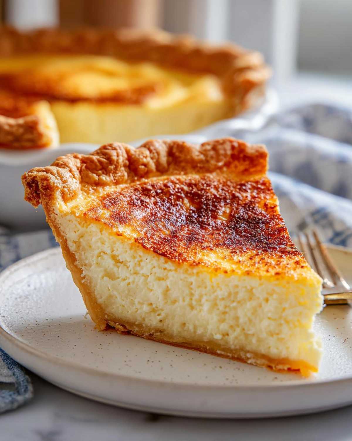 A thick slice of creamy egg custard pie with a beautifully browned top crust on a white plate.