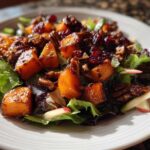 Close-up of a vibrant fall harvest salad featuring roasted butternut squash, pecans, and dried cranberries over mixed greens.