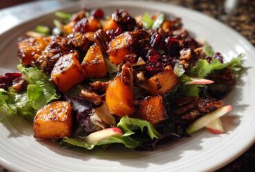 Close-up of a vibrant fall harvest salad featuring roasted butternut squash, pecans, and dried cranberries over mixed greens.