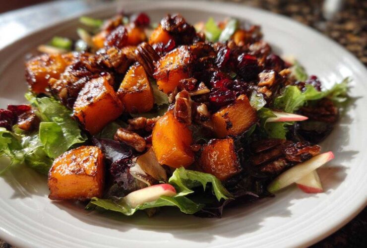 Close-up of a vibrant fall harvest salad featuring roasted butternut squash, pecans, and dried cranberries over mixed greens.