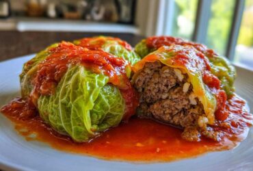Three delicious cabbage rolls smothered in rich tomato sauce, one cut open showing the ground meat and rice filling.