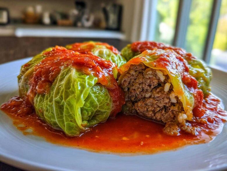 Three delicious cabbage rolls smothered in rich tomato sauce, one cut open showing the ground meat and rice filling.