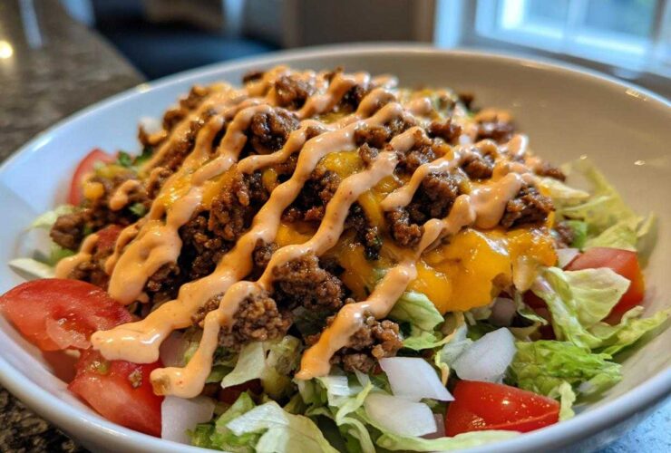 A close-up of a fresh cheeseburger bowl featuring lettuce, tomatoes, seasoned ground beef, melted cheese, and a drizzle of sauce.