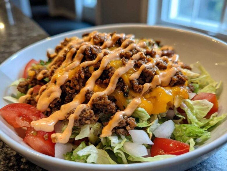 A close-up of a fresh cheeseburger bowl featuring lettuce, tomatoes, seasoned ground beef, melted cheese, and a drizzle of sauce.