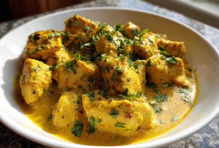 Close-up of tender chicken pieces coated in a rich, yellow coconut sauce, garnished with fresh parsley, ready to eat.