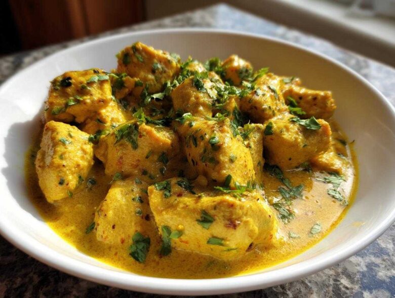 Close-up of tender chicken pieces coated in a rich, yellow coconut sauce, garnished with fresh parsley, ready to eat.