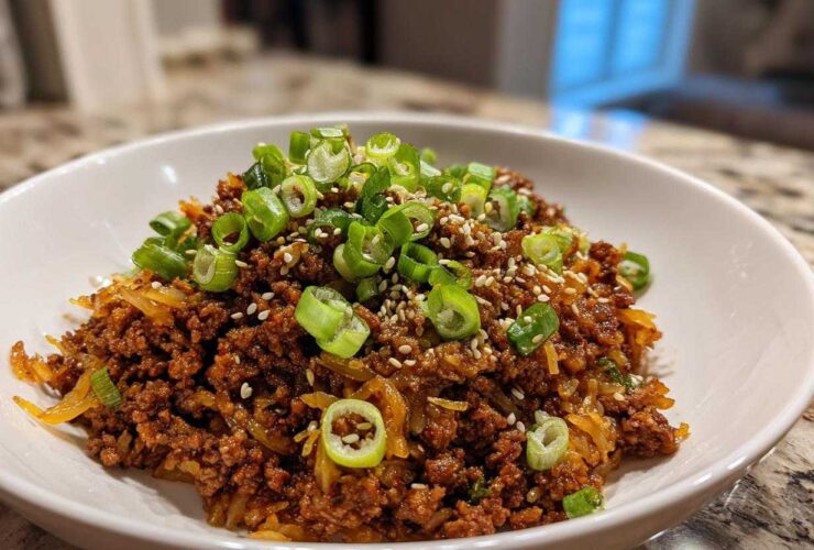 A close-up of a hearty serving of Egg Roll in a Bowl topped with fresh green onions and sesame seeds.