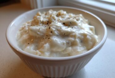 A close-up of thick, creamy homemade cream of chicken soup topped with pepper in a white ribbed bowl.
