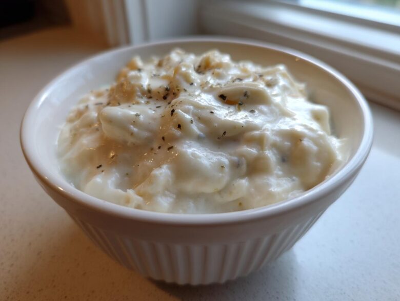 A close-up of thick, creamy homemade cream of chicken soup topped with pepper in a white ribbed bowl.