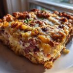 A close-up of a hearty slice of homemade Reuben bake featuring corned beef, cheese, and a crispy top.