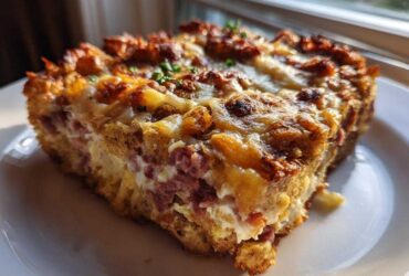 A close-up of a hearty slice of homemade Reuben bake featuring corned beef, cheese, and a crispy top.