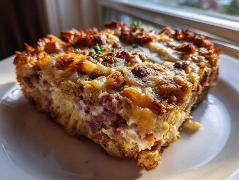 A close-up of a hearty slice of homemade Reuben bake featuring corned beef, cheese, and a crispy top.