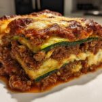 Close-up of a hearty slice of zucchini lasagna, showing layers of meat sauce, cheese, and green zucchini noodles.