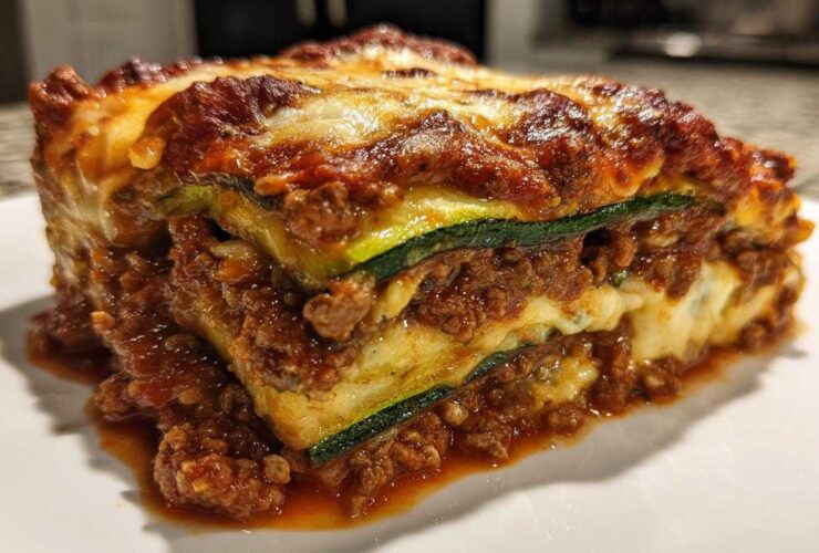 Close-up of a hearty slice of zucchini lasagna, showing layers of meat sauce, cheese, and green zucchini noodles.