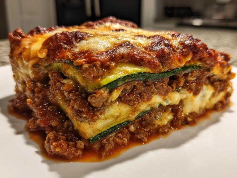 Close-up of a hearty slice of zucchini lasagna, showing layers of meat sauce, cheese, and green zucchini noodles.