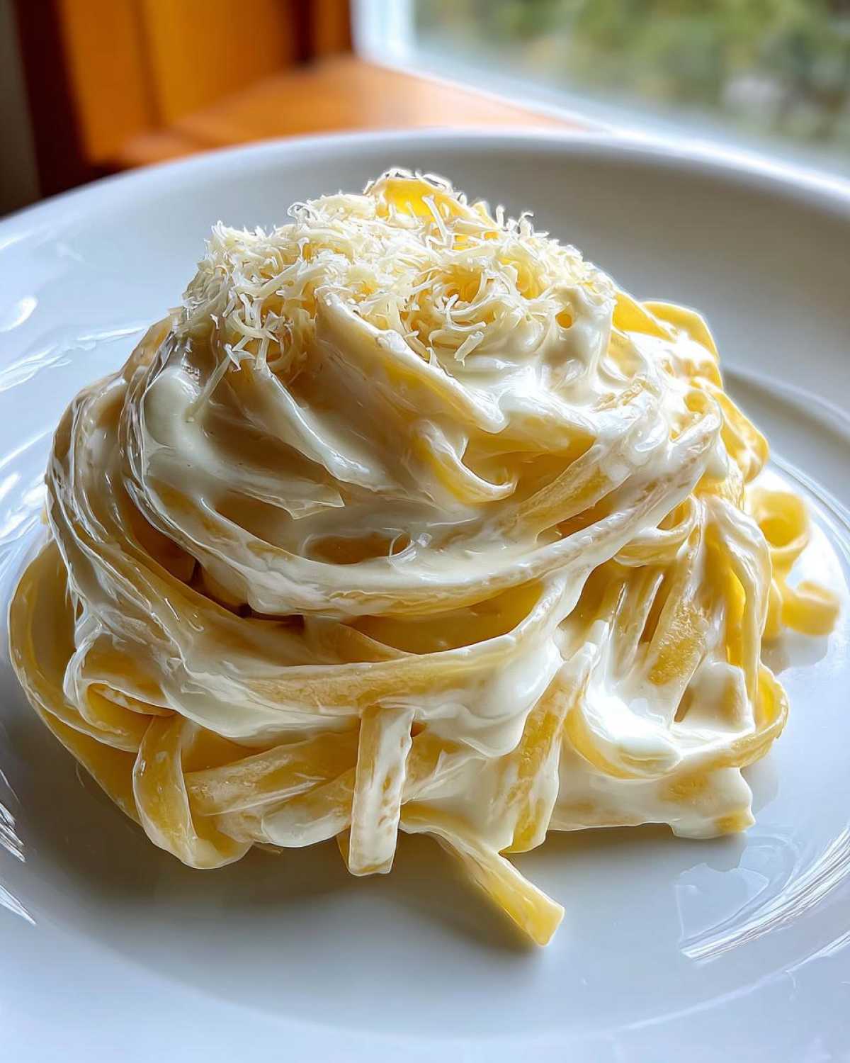 A mound of fettuccine pasta generously coated in creamy homemade alfredo sauce and topped with grated Parmesan cheese.