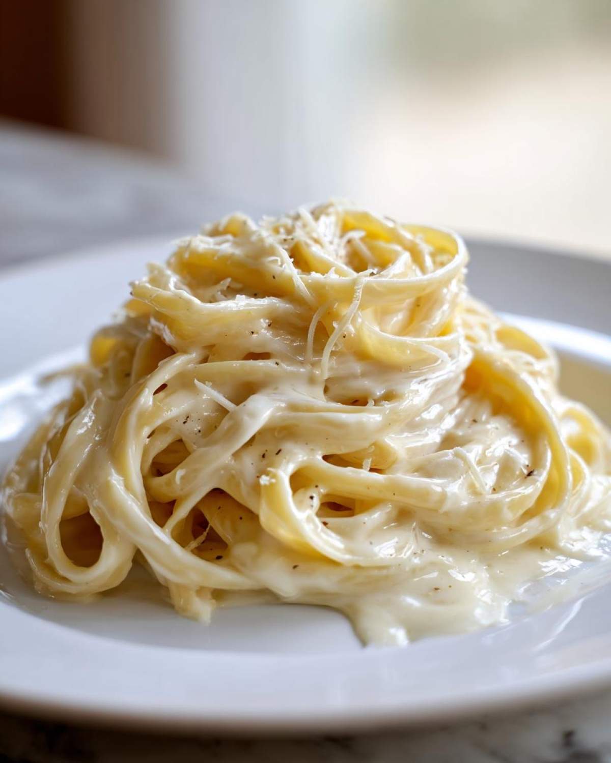 Close-up of fettuccine pasta coated in rich homemade alfredo sauce, topped with grated cheese and pepper.