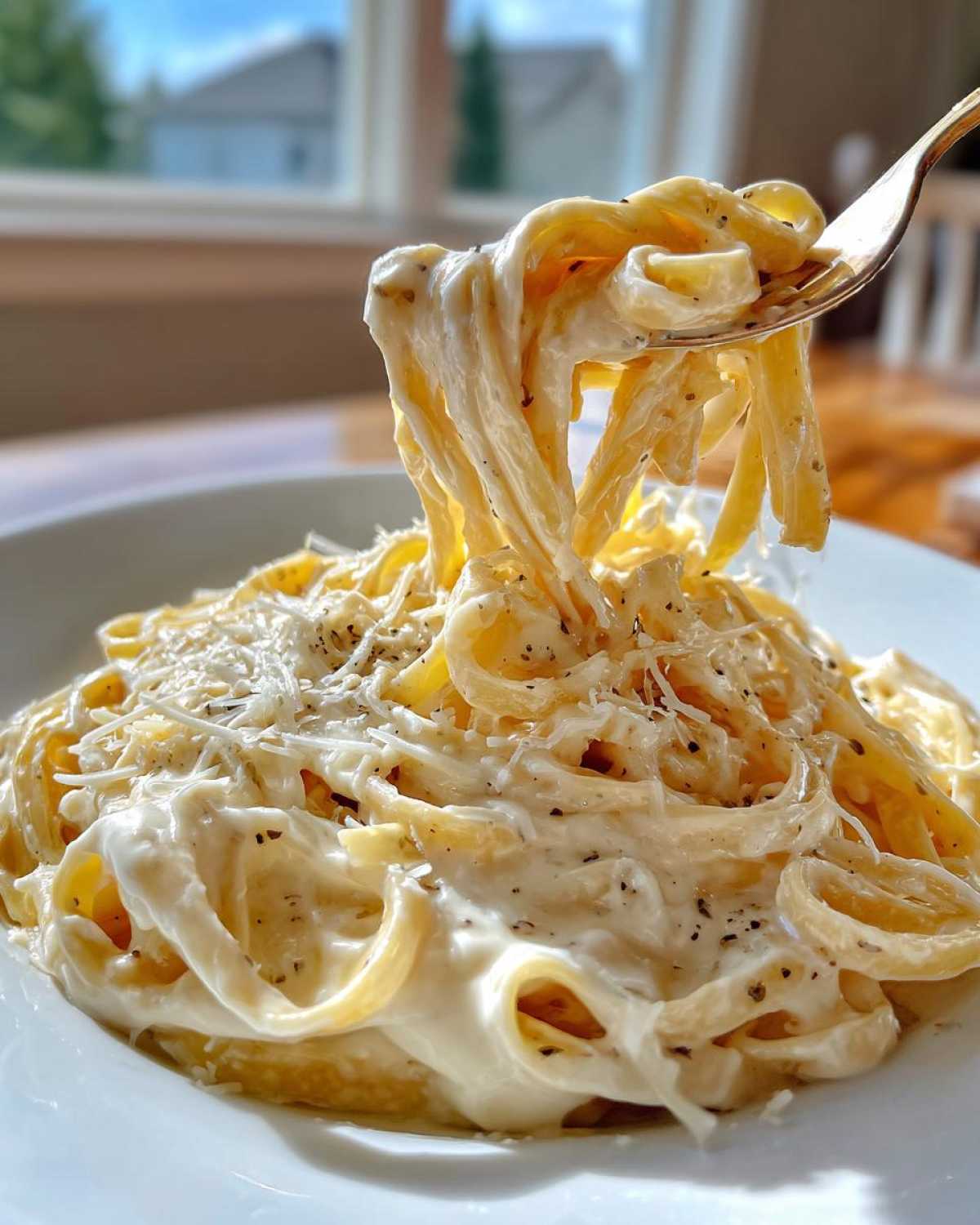 A fork lifting fettuccine noodles coated in rich homemade alfredo sauce, topped with Parmesan and black pepper.