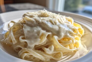 Close-up of fettuccine pasta generously coated in creamy homemade alfredo sauce and topped with grated Parmesan.