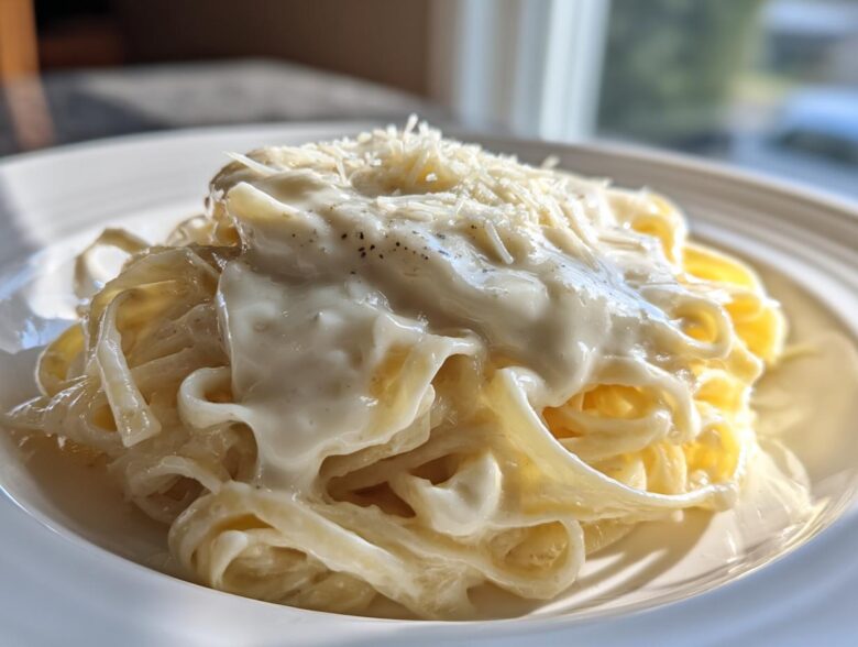 Close-up of fettuccine pasta generously coated in creamy homemade alfredo sauce and topped with grated Parmesan.
