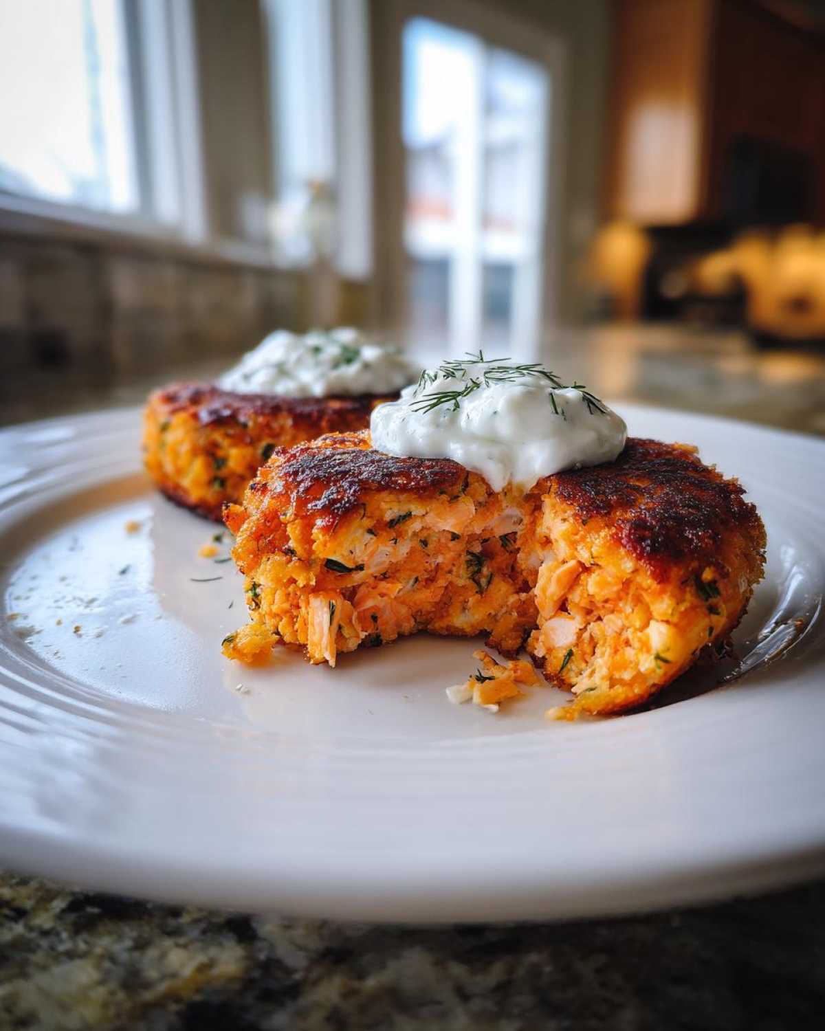 A close-up of two perfectly browned salmon cakes on a white plate, one cut open to show the flaky texture, topped with creamy dill sauce.