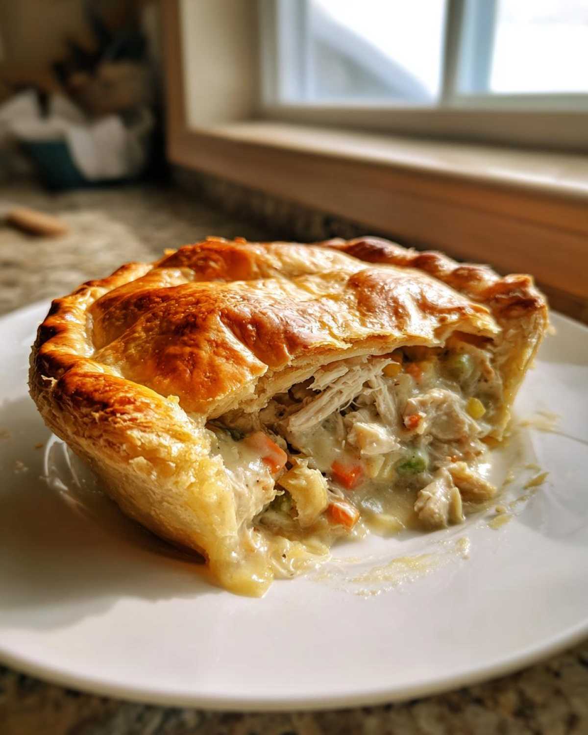 Close-up of a single-serving turkey pot pie with a golden, flaky crust cut open to show creamy filling.