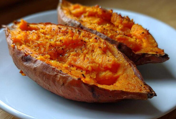 Two halves of perfectly cooked baked sweet potatoes showing bright orange flesh seasoned with pepper.