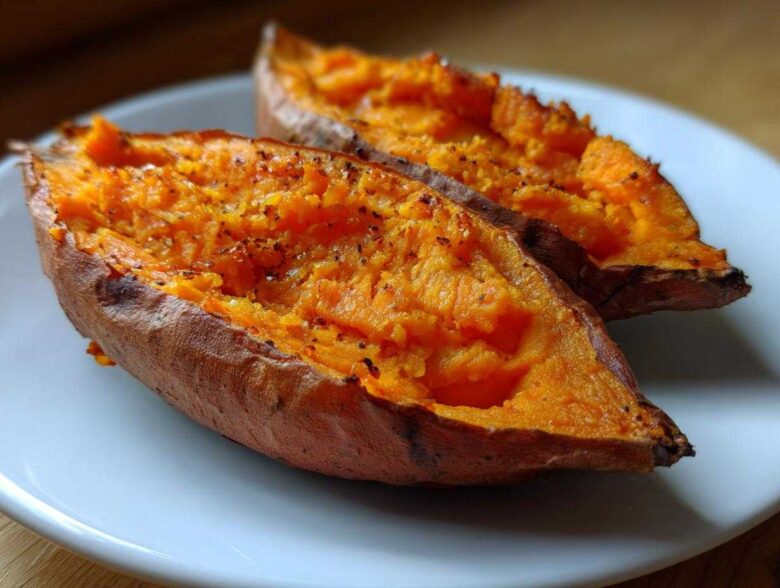 Two halves of perfectly cooked baked sweet potatoes showing bright orange flesh seasoned with pepper.