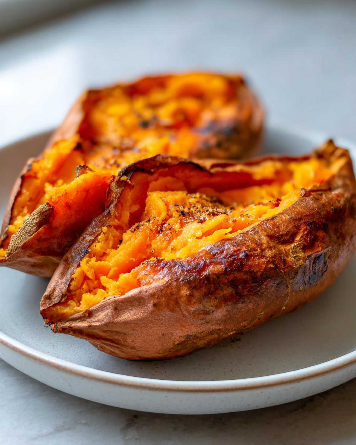 Two perfectly cooked baked sweet potatoes, split open to show the fluffy orange interior seasoned with pepper.