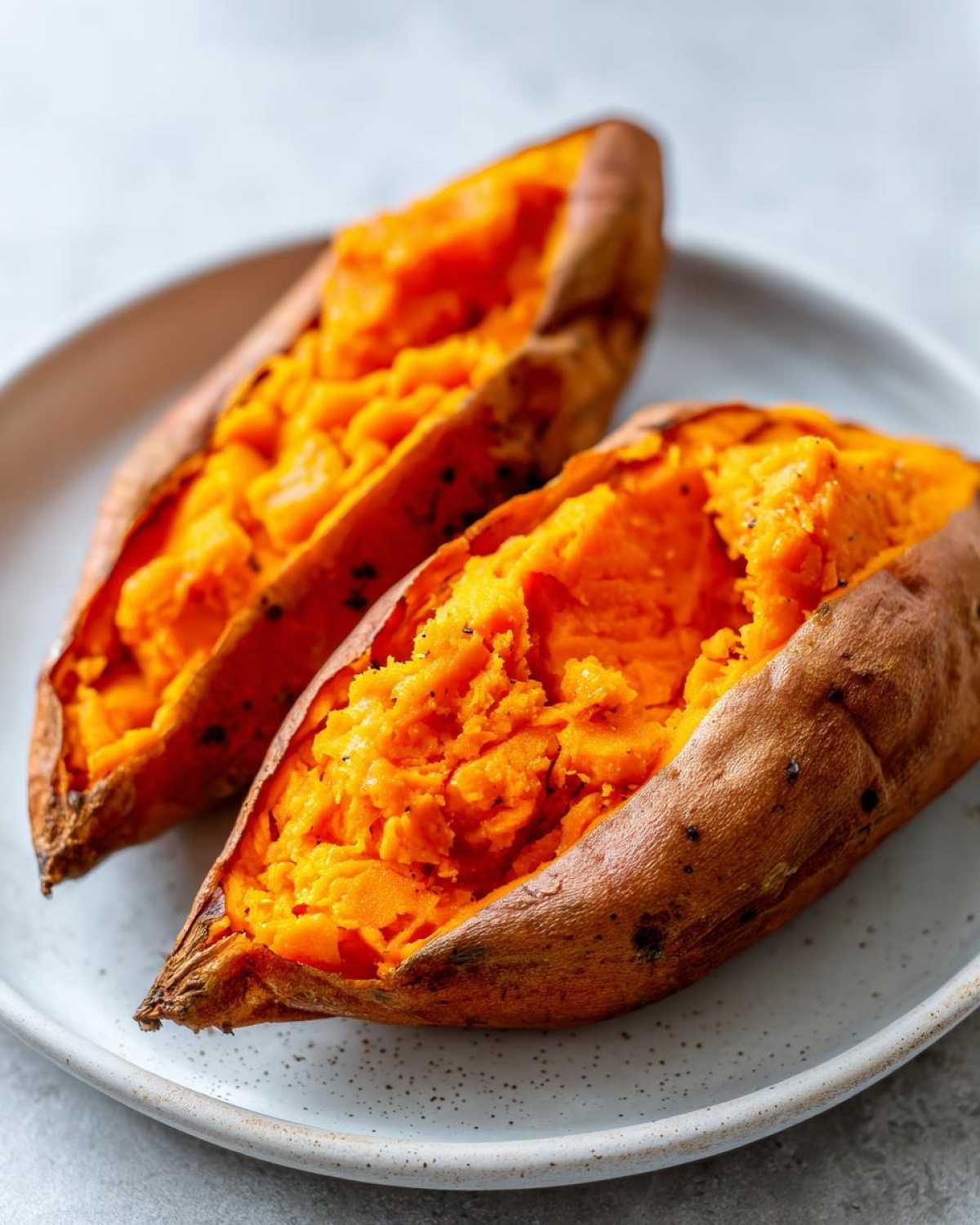 Two perfectly baked sweet potatoes, split open to show the fluffy orange interior, seasoned lightly.