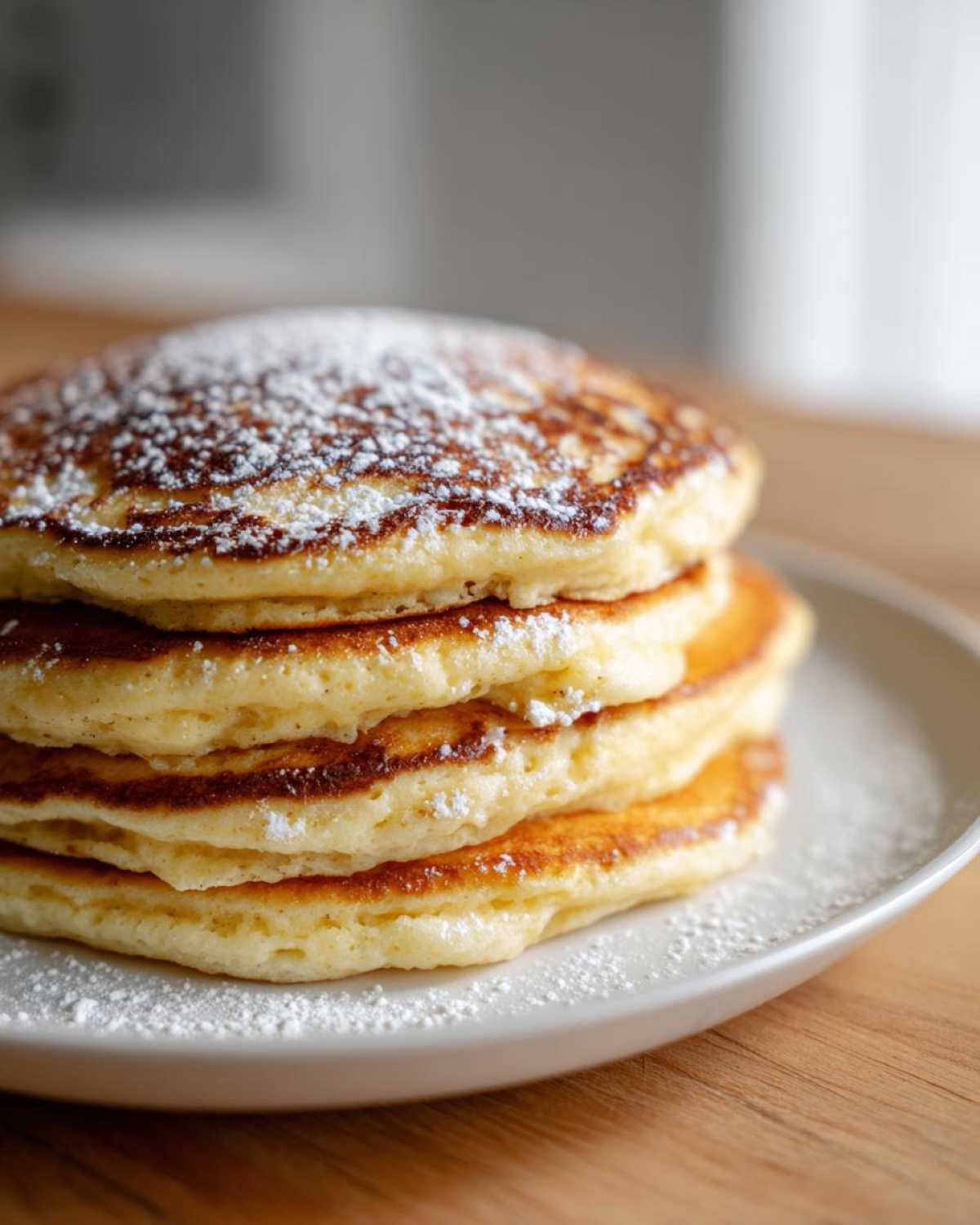 A close-up stack of four fluffy almond flour pancakes dusted generously with powdered sugar on a white plate.