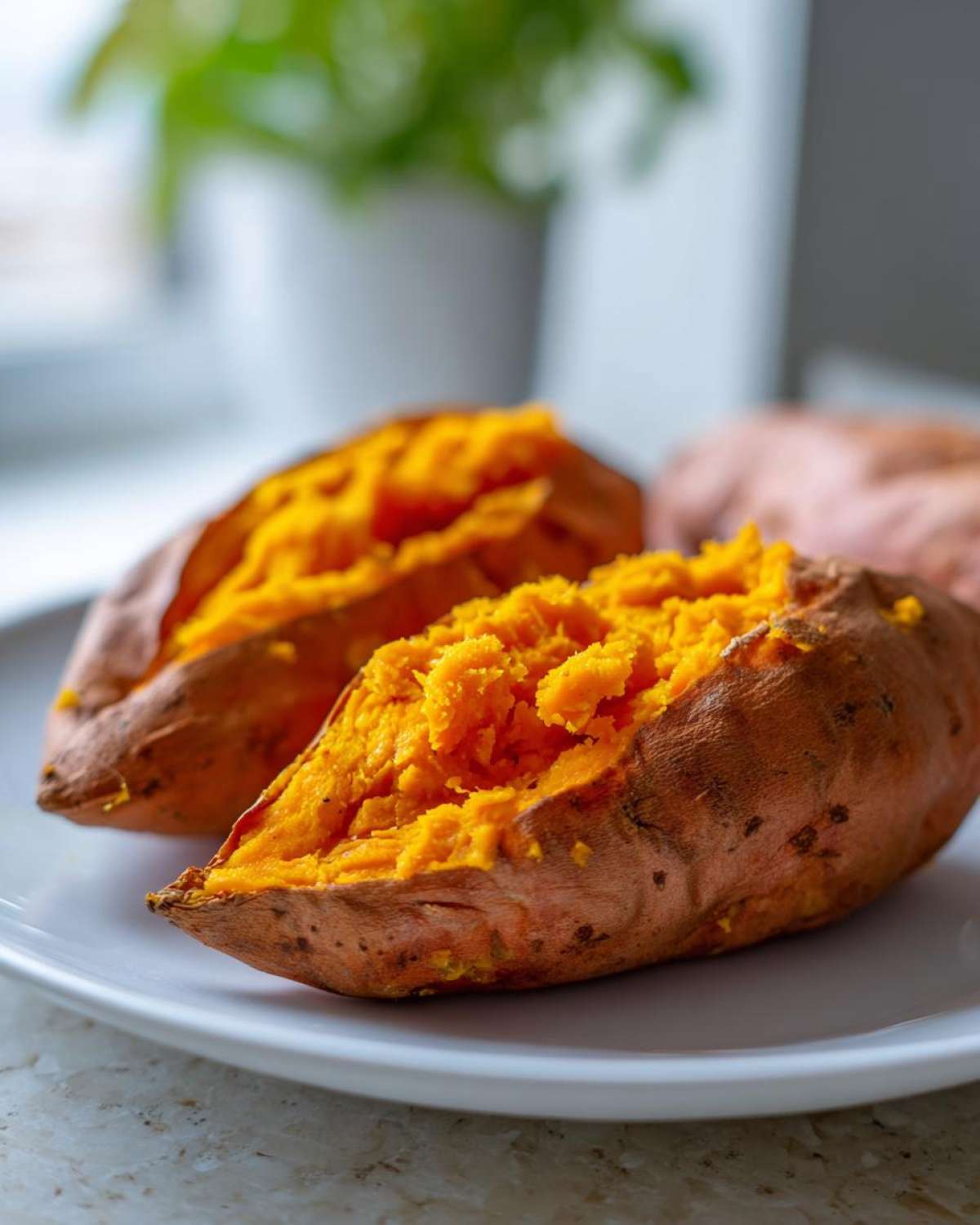 Two halves of a perfectly baked sweet potato showing bright orange, fluffy interior on a white plate.