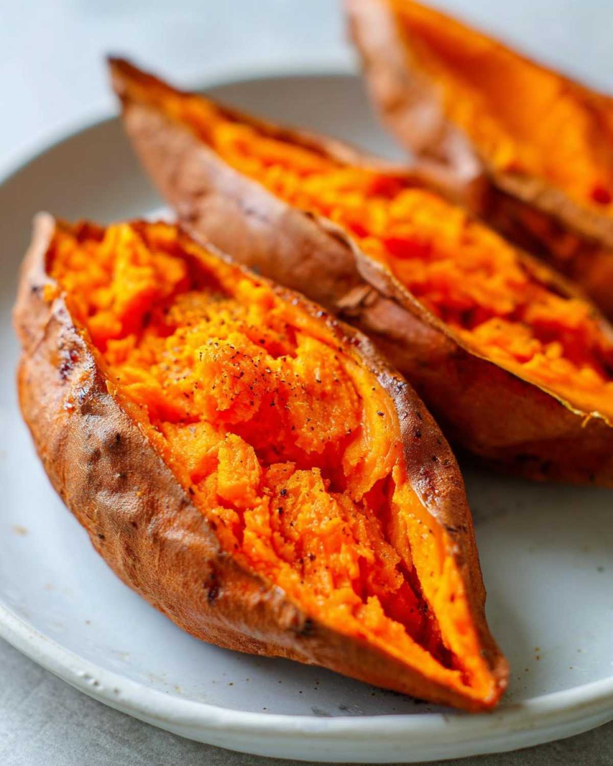 Close-up of fluffy baked sweet potatoes, split open and seasoned with black pepper.