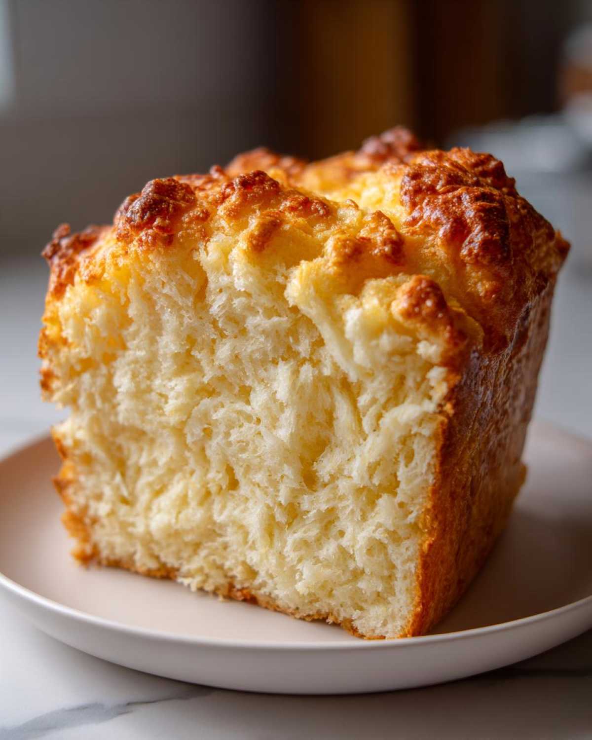 A close-up shot showing the soft, fluffy interior crumb of a freshly baked beer bread loaf with a golden, slightly crisp top.