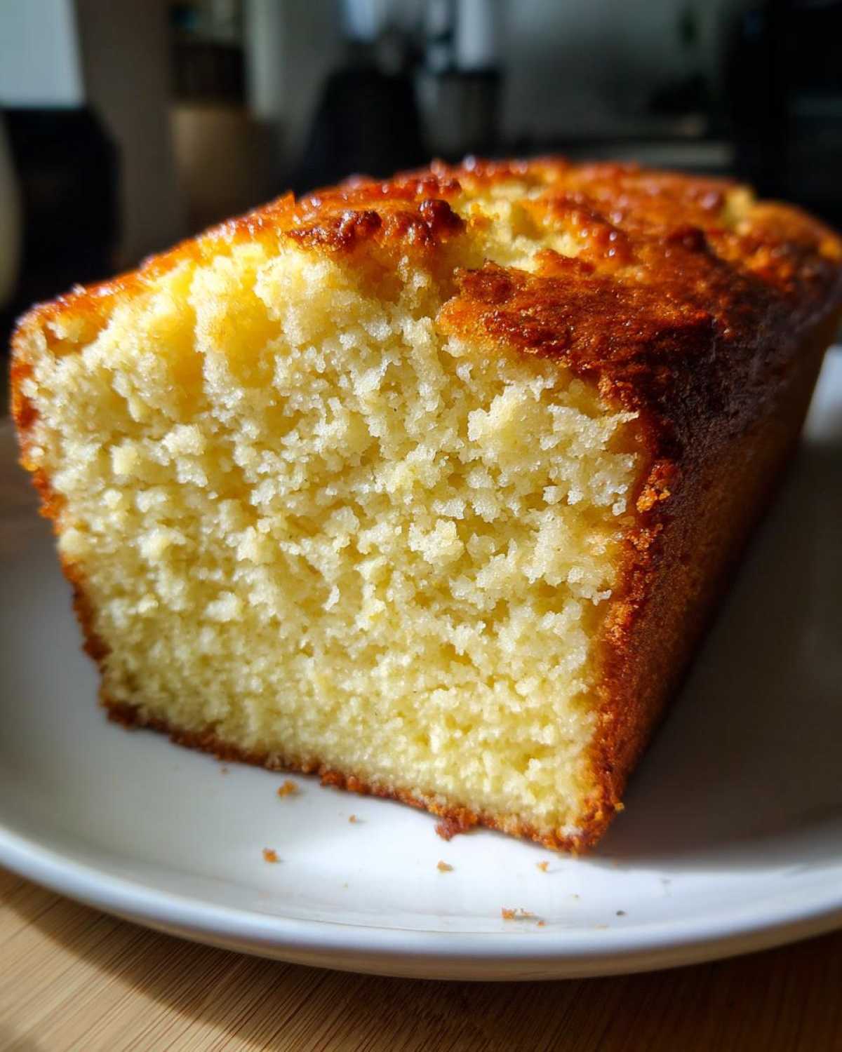 A close-up view of the moist, yellow crumb texture of freshly baked beer bread with a golden-brown crust.