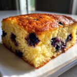 Close-up of a golden-brown slice of fluffy sheet pan pancakes loaded with juicy blueberries.