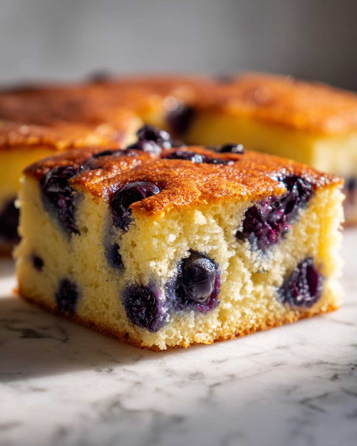 Close-up of a thick, fluffy slice of blueberry sheet pan pancakes with a golden-brown top.
